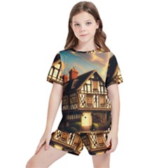 Village House Cottage Medieval Timber Tudor Split Timber Frame Architecture Town Twilight Chimney Kids  T-shirt And Sports Shorts Set by Posterlux