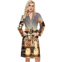 Village House Cottage Medieval Timber Tudor Split Timber Frame Architecture Town Twilight Chimney Long Sleeve Velvet Robe by Posterlux