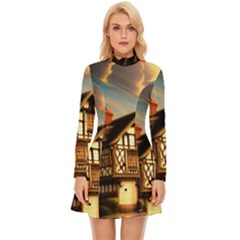 Village House Cottage Medieval Timber Tudor Split Timber Frame Architecture Town Twilight Chimney Long Sleeve Velour Longline Dress by Posterlux