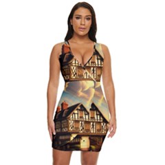 Village House Cottage Medieval Timber Tudor Split Timber Frame Architecture Town Twilight Chimney Draped Bodycon Dress by Posterlux