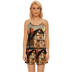 Village House Cottage Medieval Timber Tudor Split Timber Frame Architecture Town Twilight Chimney Satin Pajama Short Set by Posterlux