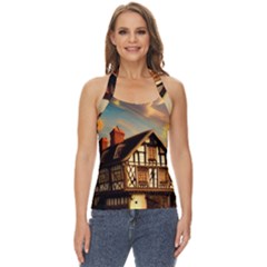 Village House Cottage Medieval Timber Tudor Split Timber Frame Architecture Town Twilight Chimney Basic Halter Top by Posterlux