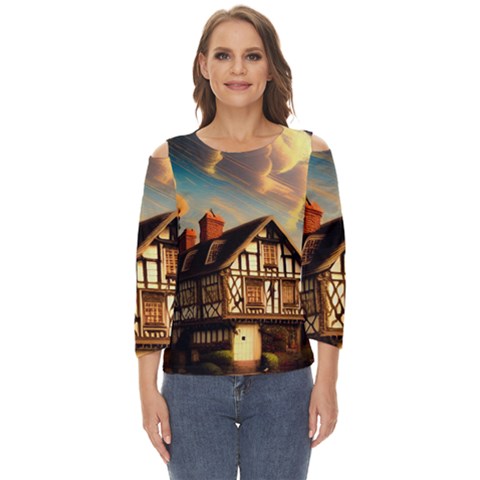 Village House Cottage Medieval Timber Tudor Split Timber Frame Architecture Town Twilight Chimney Cut Out Wide Sleeve Top by Posterlux