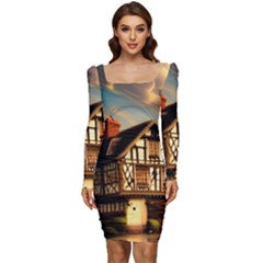 Village House Cottage Medieval Timber Tudor Split Timber Frame Architecture Town Twilight Chimney Women Long Sleeve Ruched Stretch Jersey Dress by Posterlux