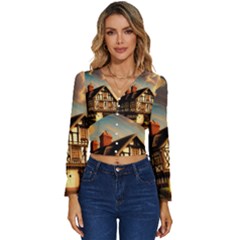 Village House Cottage Medieval Timber Tudor Split Timber Frame Architecture Town Twilight Chimney Long Sleeve V-neck Top by Posterlux