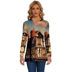 Village House Cottage Medieval Timber Tudor Split Timber Frame Architecture Town Twilight Chimney Long Sleeve Drawstring Hooded Top by Posterlux