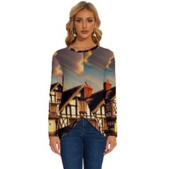 Village House Cottage Medieval Timber Tudor Split Timber Frame Architecture Town Twilight Chimney Long Sleeve Crew Neck Pullover Top by Posterlux