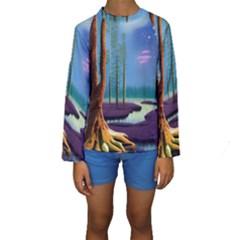 Artwork Outdoors Night Trees Setting Scene Forest Woods Light Moonlight Nature Kids  Long Sleeve Swimwear by Posterlux