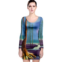 Artwork Outdoors Night Trees Setting Scene Forest Woods Light Moonlight Nature Long Sleeve Bodycon Dress