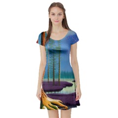 Artwork Outdoors Night Trees Setting Scene Forest Woods Light Moonlight Nature Short Sleeve Skater Dress by Posterlux