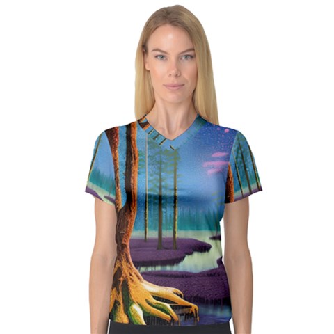 Artwork Outdoors Night Trees Setting Scene Forest Woods Light Moonlight Nature V-neck Sport Mesh T-shirt by Posterlux