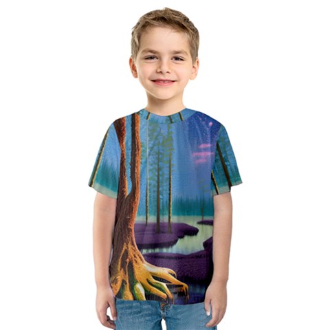 Artwork Outdoors Night Trees Setting Scene Forest Woods Light Moonlight Nature Kids  Sport Mesh T-shirt by Posterlux