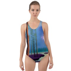 Artwork Outdoors Night Trees Setting Scene Forest Woods Light Moonlight Nature Cut-out Back One Piece Swimsuit