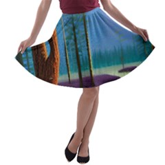 Artwork Outdoors Night Trees Setting Scene Forest Woods Light Moonlight Nature A-line Skater Skirt by Posterlux