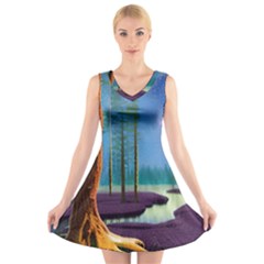 Artwork Outdoors Night Trees Setting Scene Forest Woods Light Moonlight Nature V-neck Sleeveless Dress by Posterlux