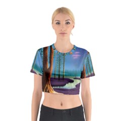 Artwork Outdoors Night Trees Setting Scene Forest Woods Light Moonlight Nature Cotton Crop Top by Posterlux