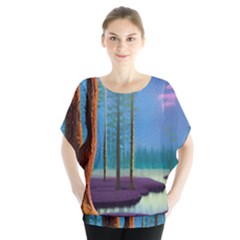 Artwork Outdoors Night Trees Setting Scene Forest Woods Light Moonlight Nature Batwing Chiffon Blouse