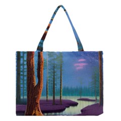 Artwork Outdoors Night Trees Setting Scene Forest Woods Light Moonlight Nature Medium Tote Bag