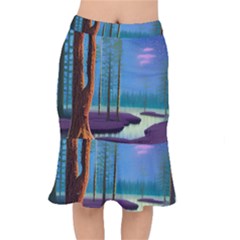 Artwork Outdoors Night Trees Setting Scene Forest Woods Light Moonlight Nature Short Mermaid Skirt by Posterlux