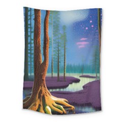 Artwork Outdoors Night Trees Setting Scene Forest Woods Light Moonlight Nature Medium Tapestry