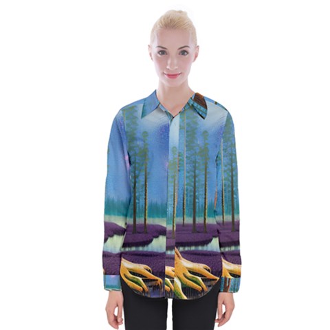 Artwork Outdoors Night Trees Setting Scene Forest Woods Light Moonlight Nature Womens Long Sleeve Shirt by Posterlux