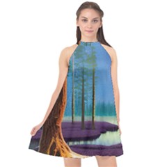 Artwork Outdoors Night Trees Setting Scene Forest Woods Light Moonlight Nature Halter Neckline Chiffon Dress 