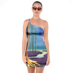 Artwork Outdoors Night Trees Setting Scene Forest Woods Light Moonlight Nature One Shoulder Ring Trim Bodycon Dress