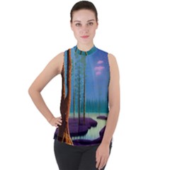 Artwork Outdoors Night Trees Setting Scene Forest Woods Light Moonlight Nature Mock Neck Chiffon Sleeveless Top by Posterlux