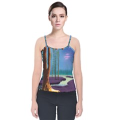 Artwork Outdoors Night Trees Setting Scene Forest Woods Light Moonlight Nature Velvet Spaghetti Strap Top by Posterlux