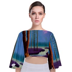 Artwork Outdoors Night Trees Setting Scene Forest Woods Light Moonlight Nature Tie Back Butterfly Sleeve Chiffon Top by Posterlux