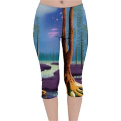 Artwork Outdoors Night Trees Setting Scene Forest Woods Light Moonlight Nature Velvet Capri Leggings 