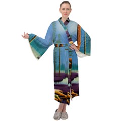 Artwork Outdoors Night Trees Setting Scene Forest Woods Light Moonlight Nature Maxi Velvet Kimono