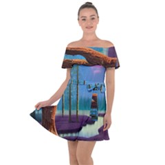 Artwork Outdoors Night Trees Setting Scene Forest Woods Light Moonlight Nature Off Shoulder Velour Dress by Posterlux