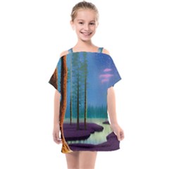 Artwork Outdoors Night Trees Setting Scene Forest Woods Light Moonlight Nature Kids  One Piece Chiffon Dress by Posterlux