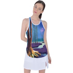 Artwork Outdoors Night Trees Setting Scene Forest Woods Light Moonlight Nature Racer Back Mesh Tank Top by Posterlux