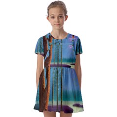 Artwork Outdoors Night Trees Setting Scene Forest Woods Light Moonlight Nature Kids  Short Sleeve Pinafore Style Dress by Posterlux