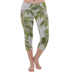 Watercolor Leaves Branch Nature Plant Growing Still Life Botanical Study Capri Yoga Leggings