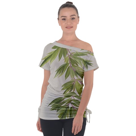 Watercolor Leaves Branch Nature Plant Growing Still Life Botanical Study Off Shoulder Tie-up T-shirt by Posterlux