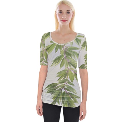 Watercolor Leaves Branch Nature Plant Growing Still Life Botanical Study Wide Neckline T-shirt by Posterlux