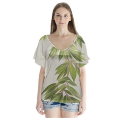 Watercolor Leaves Branch Nature Plant Growing Still Life Botanical Study V-neck Flutter Sleeve Top by Posterlux