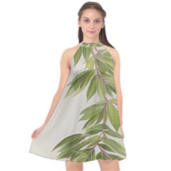 Watercolor Leaves Branch Nature Plant Growing Still Life Botanical Study Halter Neckline Chiffon Dress  by Posterlux