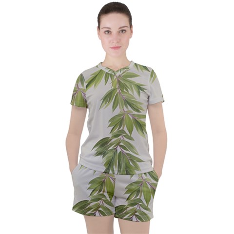 Watercolor Leaves Branch Nature Plant Growing Still Life Botanical Study Women s T-shirt And Shorts Set by Posterlux