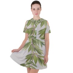 Watercolor Leaves Branch Nature Plant Growing Still Life Botanical Study Short Sleeve Shoulder Cut Out Dress 