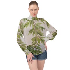 Watercolor Leaves Branch Nature Plant Growing Still Life Botanical Study High Neck Long Sleeve Chiffon Top by Posterlux