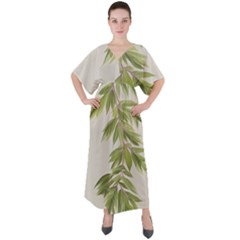 Watercolor Leaves Branch Nature Plant Growing Still Life Botanical Study V-neck Boho Style Maxi Dress by Posterlux