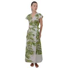 Watercolor Leaves Branch Nature Plant Growing Still Life Botanical Study Flutter Sleeve Maxi Dress