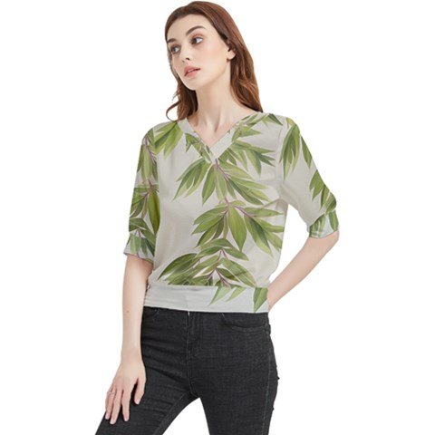 Watercolor Leaves Branch Nature Plant Growing Still Life Botanical Study Quarter Sleeve Blouse by Posterlux