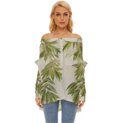 Watercolor Leaves Branch Nature Plant Growing Still Life Botanical Study Off Shoulder Chiffon Pocket Shirt by Posterlux