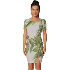 Watercolor Leaves Branch Nature Plant Growing Still Life Botanical Study Fitted Knot Split End Bodycon Dress