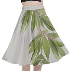 Watercolor Leaves Branch Nature Plant Growing Still Life Botanical Study A-line Full Circle Midi Skirt With Pocket by Posterlux